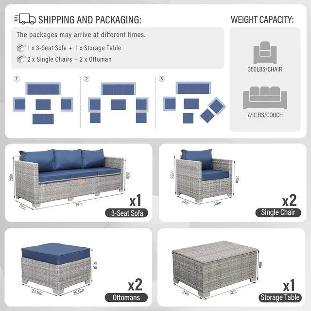 Alt view image 4 of 7 - WAROOM Patio Furniture Set 6 Piece PE Rattan Outdoor Conversation Sets Grey Wicker Couch Sectional Sofa with Storage Coffee Table and Navy Blue Cushion