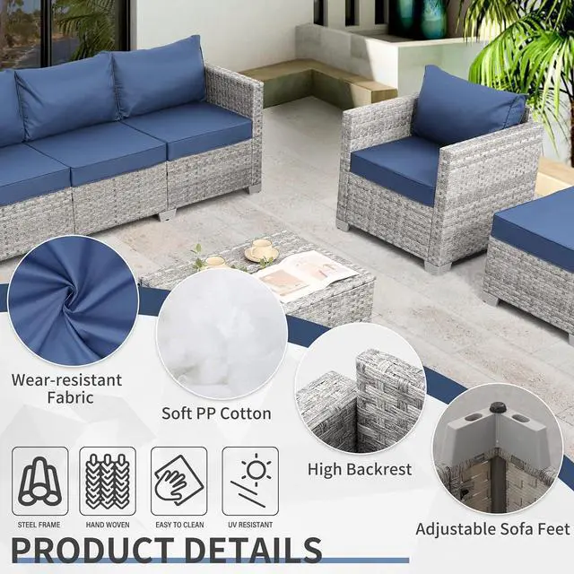 Alt view image 5 of 7 - WAROOM Patio Furniture Set 6 Piece PE Rattan Outdoor Conversation Sets Grey Wicker Couch Sectional Sofa with Storage Coffee Table and Navy Blue Cushion
