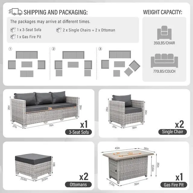 Alt view image 3 of 7 - WAROOM Patio Furniture Set 6 Piece PE Rattan Outdoor Conversation Sets Grey Wicker Couch Sectional Sofa with Fire Pit Table and Grey Cushion