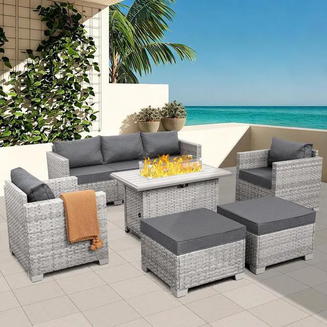 Main image of WAROOM Patio Furniture Set 6 Piece PE Rattan Outdoor Conversation Sets Grey Wicker Couch Sectional Sofa with Fire Pit Table and Grey Cushion