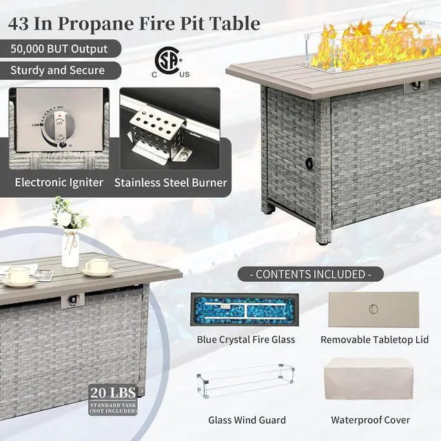Alt view image 5 of 7 - WAROOM Patio Furniture Set 6 Piece PE Rattan Outdoor Conversation Sets Grey Wicker Couch Sectional Sofa with Fire Pit Table and Grey Cushion