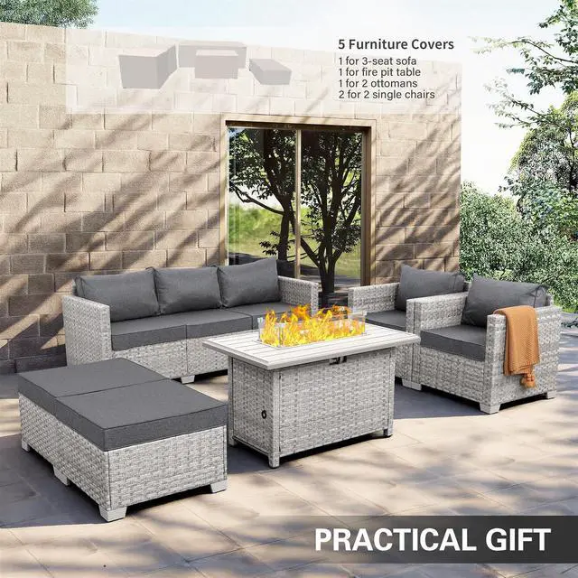 Alt view image 2 of 7 - WAROOM Patio Furniture Set 6 Piece PE Rattan Outdoor Conversation Sets Grey Wicker Couch Sectional Sofa with Fire Pit Table and Grey Cushion
