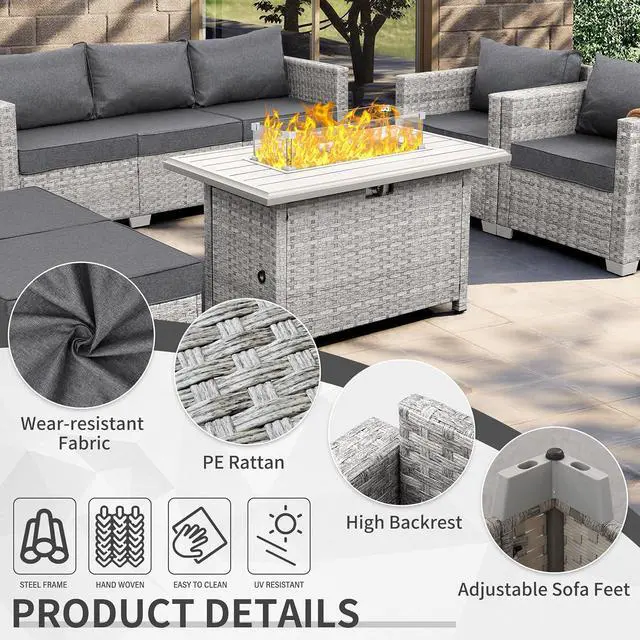 Alt view image 4 of 7 - WAROOM Patio Furniture Set 6 Piece PE Rattan Outdoor Conversation Sets Grey Wicker Couch Sectional Sofa with Fire Pit Table and Grey Cushion