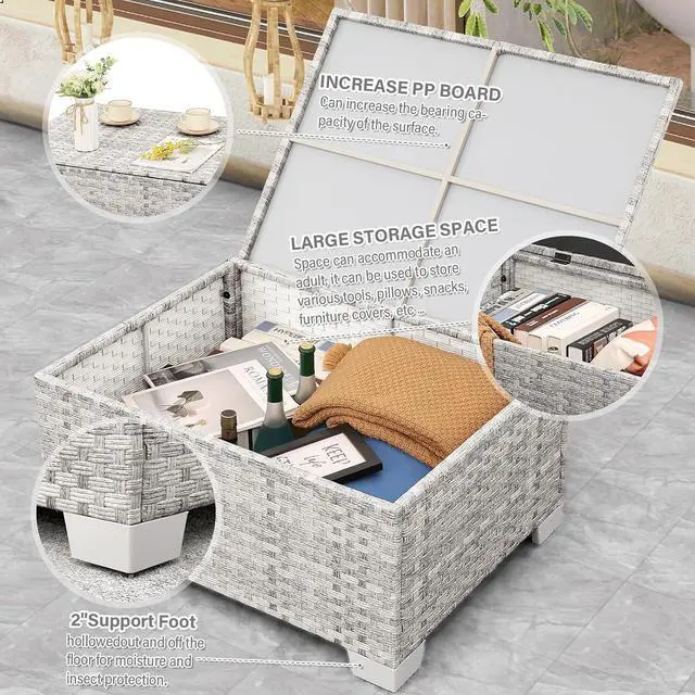 Alt view image 6 of 7 - WAROOM Patio Furniture Set 6 Piece PE Rattan Outdoor Conversation Sets Grey Wicker Couch Sectional Sofa with Storage Coffee Table and Navy Blue Cushion
