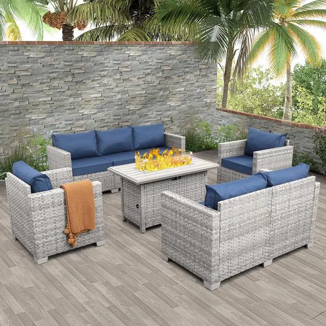 Main image of WAROOM Patio Furniture Set 5 Piece Outdoor Furniture with Fire Pit Table, Grey Wicker Sectional Sofa Couch Sets Backyard Deep Seating PE Rattan Chairs with Navy Blue Cushion