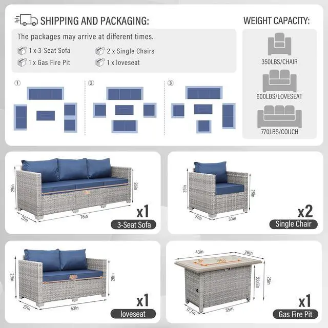 Alt view image 3 of 7 - WAROOM Patio Furniture Set 5 Piece Outdoor Furniture with Fire Pit Table, Grey Wicker Sectional Sofa Couch Sets Backyard Deep Seating PE Rattan Chairs with Navy Blue Cushion