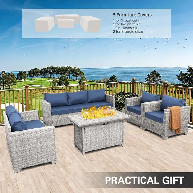 Alt view image 2 of 7 - WAROOM Patio Furniture Set 5 Piece Outdoor Furniture with Fire Pit Table, Grey Wicker Sectional Sofa Couch Sets Backyard Deep Seating PE Rattan Chairs with Navy Blue Cushion