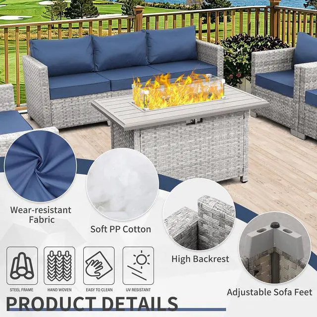 Alt view image 4 of 7 - WAROOM Patio Furniture Set 5 Piece Outdoor Furniture with Fire Pit Table, Grey Wicker Sectional Sofa Couch Sets Backyard Deep Seating PE Rattan Chairs with Navy Blue Cushion