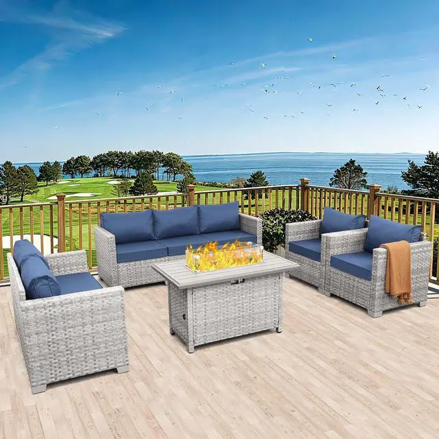 Alt view image 7 of 7 - WAROOM Patio Furniture Set 5 Piece Outdoor Furniture with Fire Pit Table, Grey Wicker Sectional Sofa Couch Sets Backyard Deep Seating PE Rattan Chairs with Navy Blue Cushion