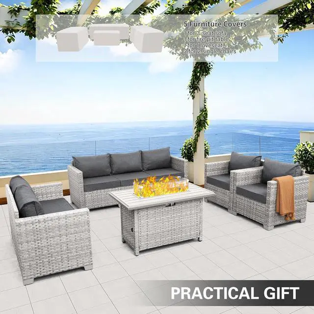 Alt view image 2 of 7 - WAROOM Patio Furniture Set 5 Piece Outdoor Furniture with Fire Pit Table, Grey Wicker Sectional Sofa Couch Sets Backyard Deep Seating PE Rattan Chairs with Grey Cushion