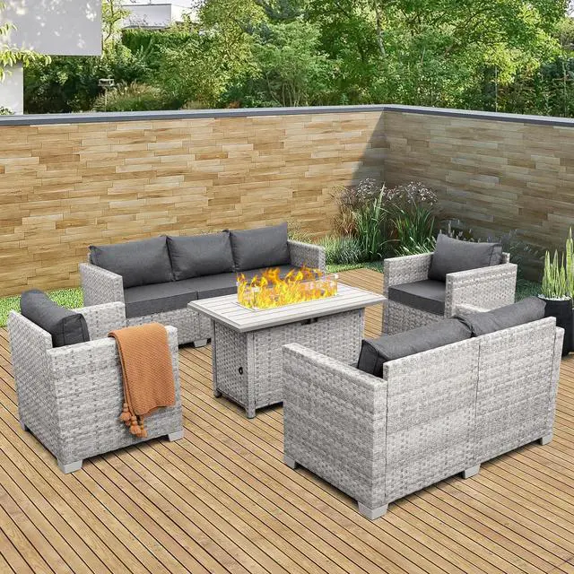 Main image of WAROOM Patio Furniture Set 5 Piece Outdoor Furniture with Fire Pit Table, Grey Wicker Sectional Sofa Couch Sets Backyard Deep Seating PE Rattan Chairs with Grey Cushion