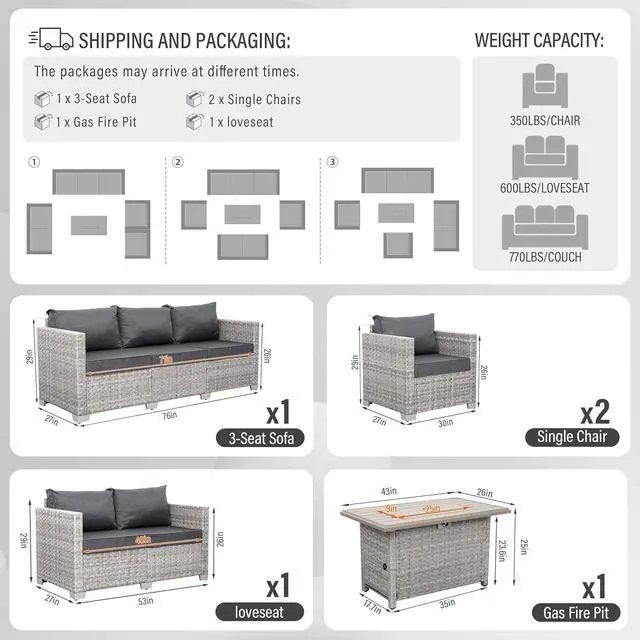 Alt view image 3 of 7 - WAROOM Patio Furniture Set 5 Piece Outdoor Furniture with Fire Pit Table, Grey Wicker Sectional Sofa Couch Sets Backyard Deep Seating PE Rattan Chairs with Grey Cushion