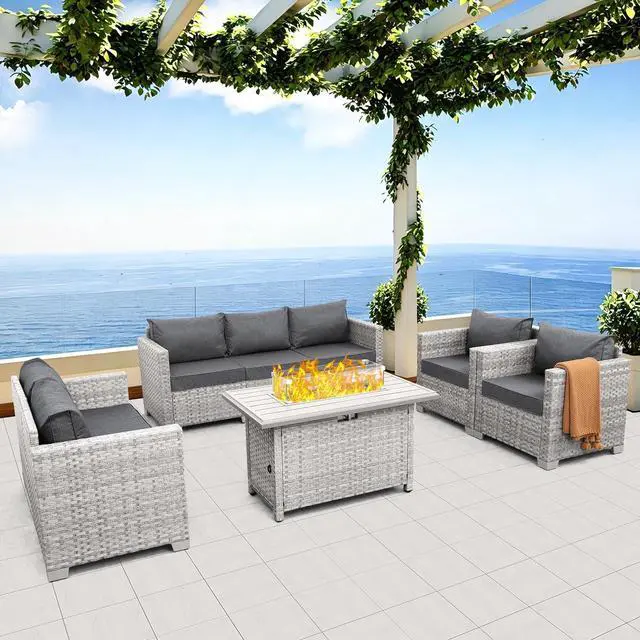 Alt view image 7 of 7 - WAROOM Patio Furniture Set 5 Piece Outdoor Furniture with Fire Pit Table, Grey Wicker Sectional Sofa Couch Sets Backyard Deep Seating PE Rattan Chairs with Grey Cushion