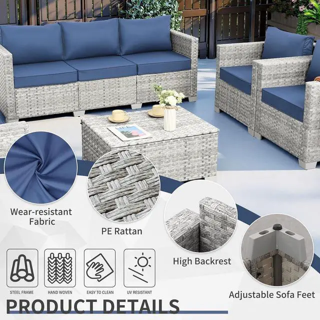 Alt view image 4 of 7 - WAROOM Patio Furniture Set 5 Piece Outdoor Furniture with Storage Table, Grey Wicker Sectional Sofa Couch Sets Backyard Deep Seating PE Rattan Chairs with Navy Blue Cushion