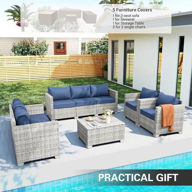 Alt view image 2 of 7 - WAROOM Patio Furniture Set 5 Piece Outdoor Furniture with Storage Table, Grey Wicker Sectional Sofa Couch Sets Backyard Deep Seating PE Rattan Chairs with Navy Blue Cushion