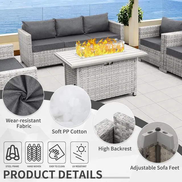 Alt view image 4 of 7 - WAROOM Patio Furniture Set 5 Piece Outdoor Furniture with Fire Pit Table, Grey Wicker Sectional Sofa Couch Sets Backyard Deep Seating PE Rattan Chairs with Grey Cushion