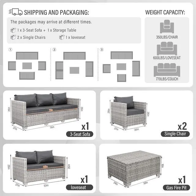 Alt view image 3 of 7 - WAROOM Patio Furniture Set 5 Piece Outdoor Furniture with Storage Table, Grey Wicker Sectional Sofa Couch Sets Backyard Deep Seating PE Rattan Chairs with Grey Cushion