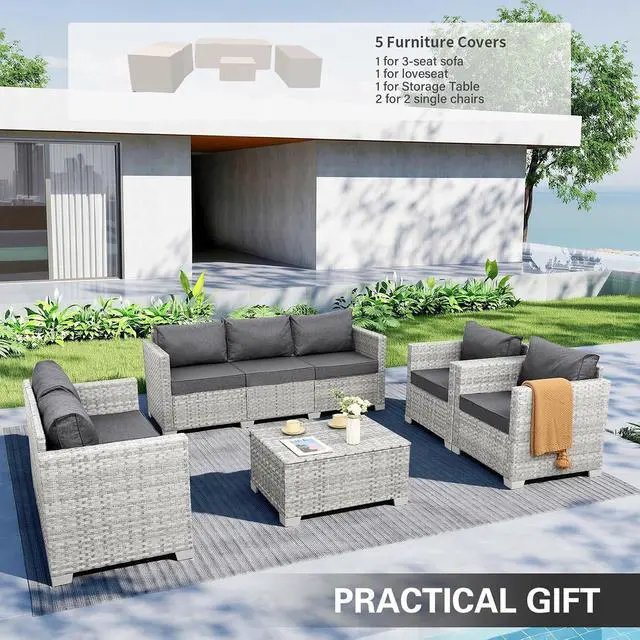 Alt view image 2 of 7 - WAROOM Patio Furniture Set 5 Piece Outdoor Furniture with Storage Table, Grey Wicker Sectional Sofa Couch Sets Backyard Deep Seating PE Rattan Chairs with Grey Cushion