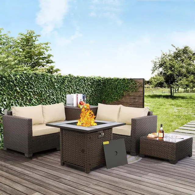 Main image of WAROOM Patio Furniture Set 5 Pieces Outdoor Conversation Sets PE Rattan Couch Loveseat Resin Wicker Sectional Sofa with Storage Box Coffee Table and Propane Fire Pit, Khaki Cushion