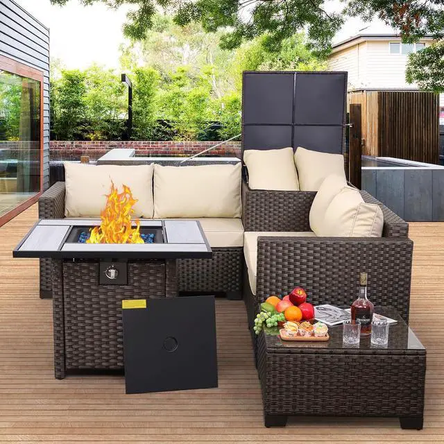 Alt view image 2 of 7 - WAROOM Patio Furniture Set 5 Pieces Outdoor Conversation Sets PE Rattan Couch Loveseat Resin Wicker Sectional Sofa with Storage Box Coffee Table and Propane Fire Pit, Khaki Cushion