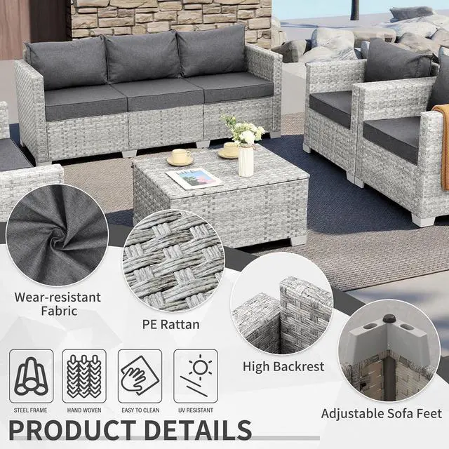 Alt view image 4 of 7 - WAROOM Patio Furniture Set 5 Piece Outdoor Furniture with Storage Table, Grey Wicker Sectional Sofa Couch Sets Backyard Deep Seating PE Rattan Chairs with Grey Cushion