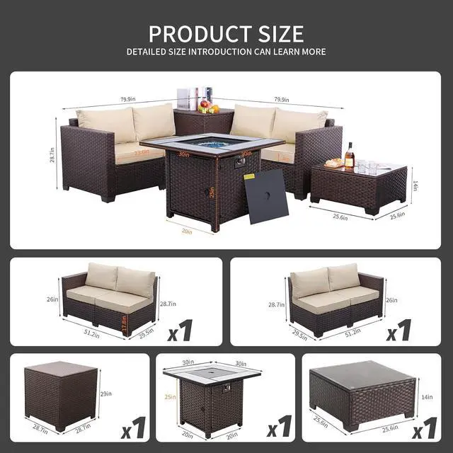 Alt view image 3 of 7 - WAROOM Patio Furniture Set 5 Pieces Outdoor Conversation Sets PE Rattan Couch Loveseat Resin Wicker Sectional Sofa with Storage Box Coffee Table and Propane Fire Pit, Khaki Cushion