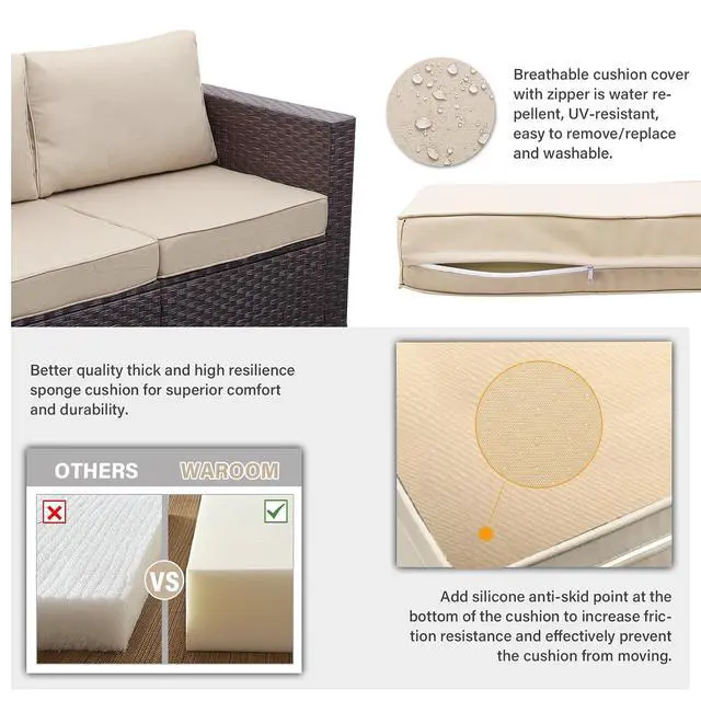 Alt view image 7 of 7 - WAROOM Patio Furniture Set 5 Pieces Outdoor Conversation Sets PE Rattan Couch Loveseat Resin Wicker Sectional Sofa with Storage Box Coffee Table and Propane Fire Pit, Khaki Cushion
