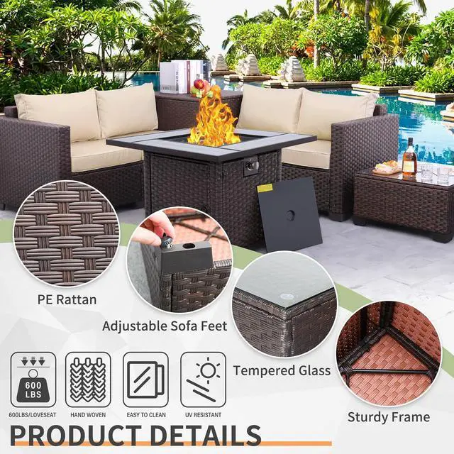 Alt view image 4 of 7 - WAROOM Patio Furniture Set 5 Pieces Outdoor Conversation Sets PE Rattan Couch Loveseat Resin Wicker Sectional Sofa with Storage Box Coffee Table and Propane Fire Pit, Khaki Cushion