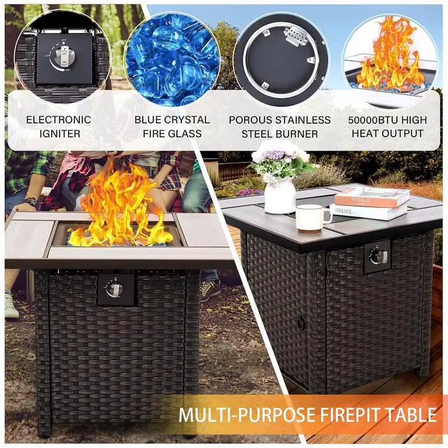 Alt view image 5 of 7 - WAROOM Patio Furniture Set 5 Pieces Outdoor Conversation Sets PE Rattan Couch Loveseat Resin Wicker Sectional Sofa with Storage Box Coffee Table and Propane Fire Pit, Blue Cushion