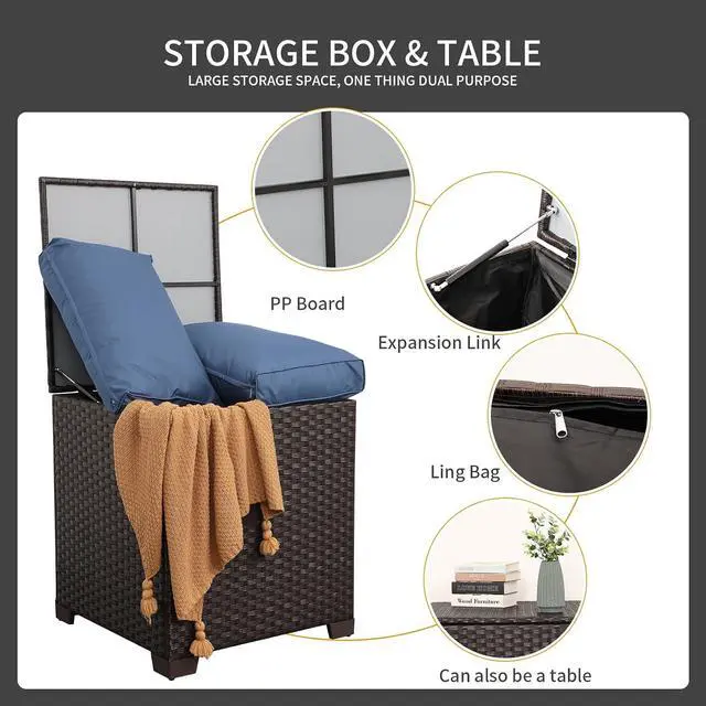 Alt view image 6 of 7 - WAROOM Patio Furniture Set 5 Pieces Outdoor Conversation Sets PE Rattan Couch Loveseat Resin Wicker Sectional Sofa with Storage Box Coffee Table and Propane Fire Pit, Blue Cushion
