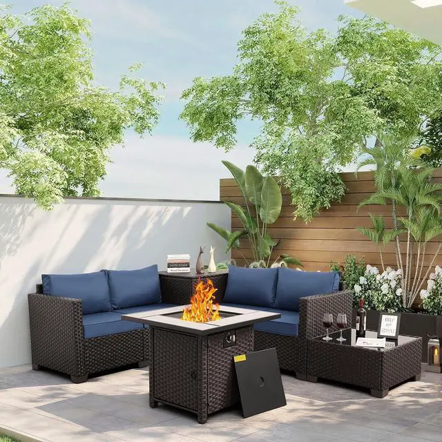 Main image of WAROOM Patio Furniture Set 5 Pieces Outdoor Conversation Sets PE Rattan Couch Loveseat Resin Wicker Sectional Sofa with Storage Box Coffee Table and Propane Fire Pit, Blue Cushion