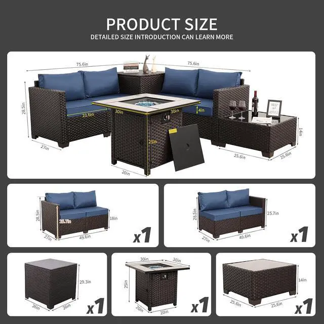 Alt view image 3 of 7 - WAROOM Patio Furniture Set 5 Pieces Outdoor Conversation Sets PE Rattan Couch Loveseat Resin Wicker Sectional Sofa with Storage Box Coffee Table and Propane Fire Pit, Blue Cushion