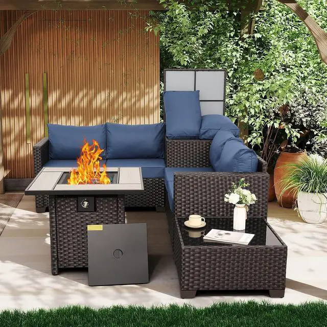 Alt view image 2 of 7 - WAROOM Patio Furniture Set 5 Pieces Outdoor Conversation Sets PE Rattan Couch Loveseat Resin Wicker Sectional Sofa with Storage Box Coffee Table and Propane Fire Pit, Blue Cushion