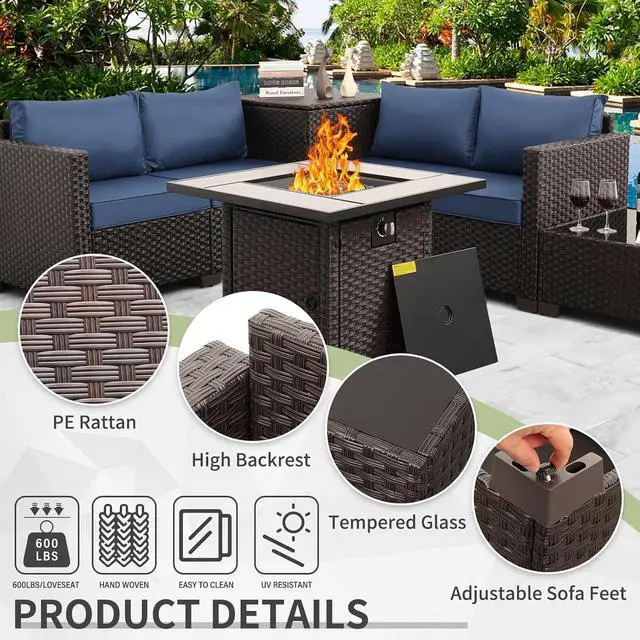 Alt view image 4 of 7 - WAROOM Patio Furniture Set 5 Pieces Outdoor Conversation Sets PE Rattan Couch Loveseat Resin Wicker Sectional Sofa with Storage Box Coffee Table and Propane Fire Pit, Blue Cushion