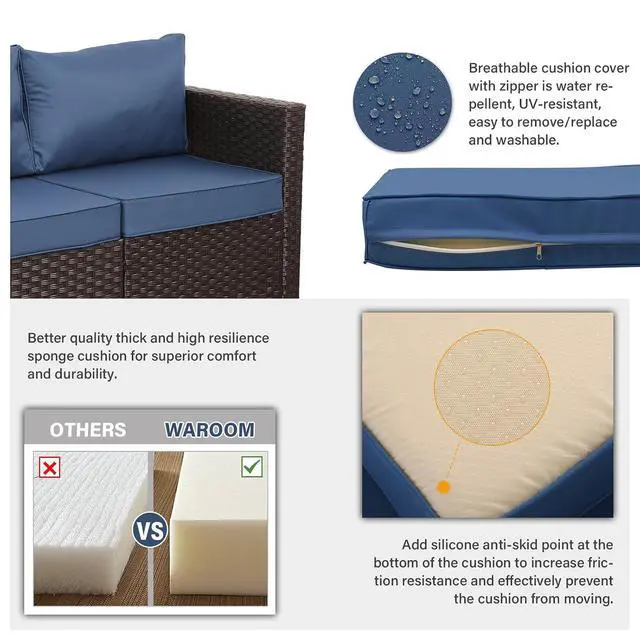 Alt view image 7 of 7 - WAROOM Patio Furniture Set 5 Pieces Outdoor Conversation Sets PE Rattan Couch Loveseat Resin Wicker Sectional Sofa with Storage Box Coffee Table and Propane Fire Pit, Blue Cushion
