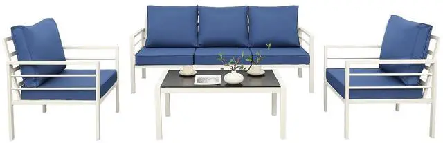 Main image of WAROOM Patio Furniture Set 4 Pieces Metal Outdoor Conversation Sets Backyard Chair Outside Couch with Coffee Table, Blue Cushion