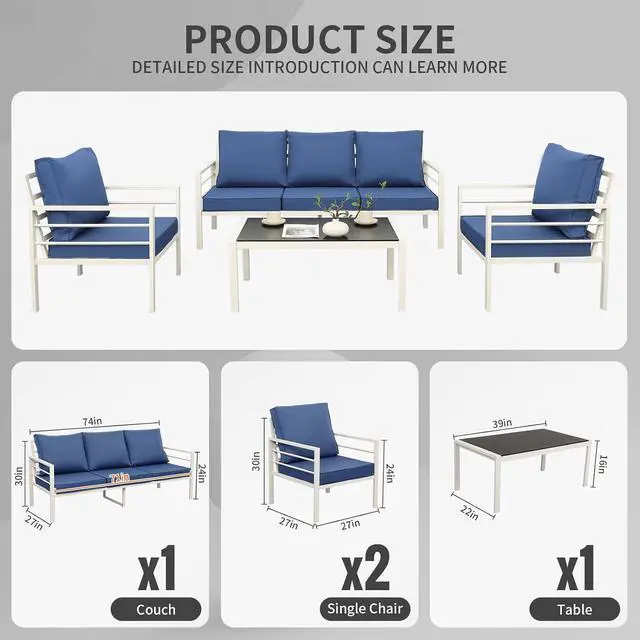 Alt view image 4 of 7 - WAROOM Patio Furniture Set 4 Pieces Metal Outdoor Conversation Sets Backyard Chair Outside Couch with Coffee Table, Blue Cushion