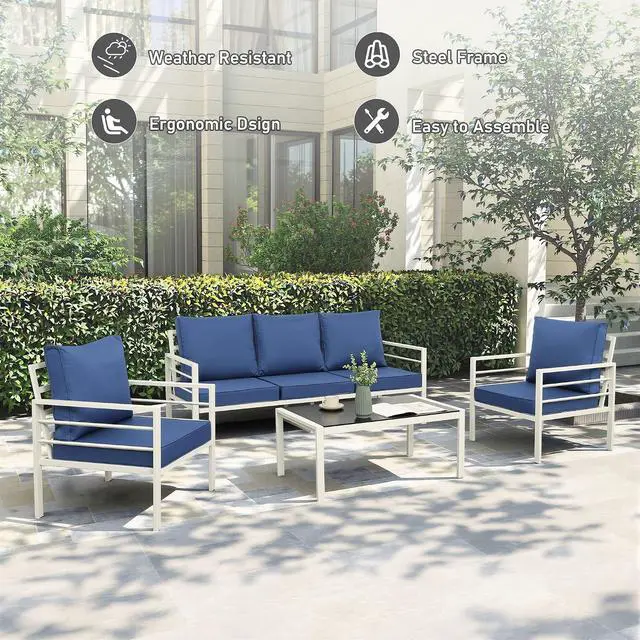 Alt view image 3 of 7 - WAROOM Patio Furniture Set 4 Pieces Metal Outdoor Conversation Sets Backyard Chair Outside Couch with Coffee Table, Blue Cushion