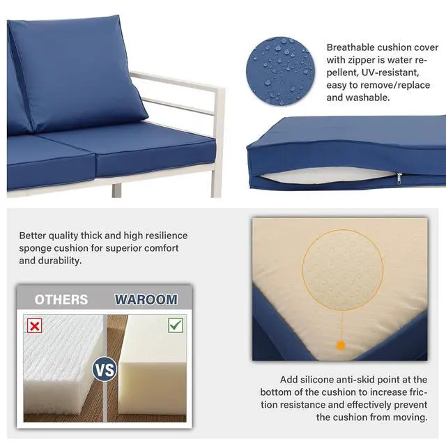 Alt view image 5 of 7 - WAROOM Patio Furniture Set 4 Pieces Metal Outdoor Conversation Sets Backyard Chair Outside Couch with Coffee Table, Blue Cushion