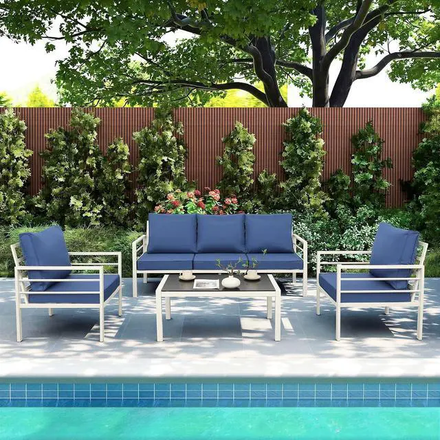 Alt view image 2 of 7 - WAROOM Patio Furniture Set 4 Pieces Metal Outdoor Conversation Sets Backyard Chair Outside Couch with Coffee Table, Blue Cushion
