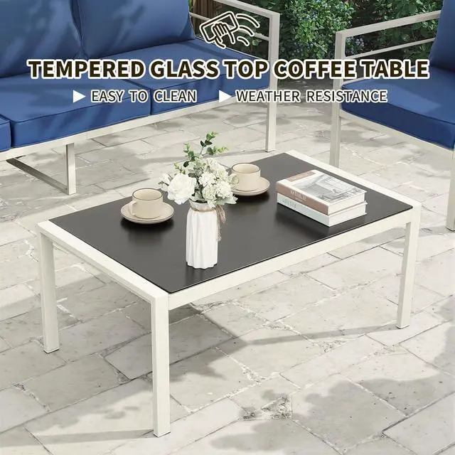 Alt view image 7 of 7 - WAROOM Patio Furniture Set 4 Pieces Metal Outdoor Conversation Sets Backyard Chair Outside Couch with Coffee Table, Blue Cushion