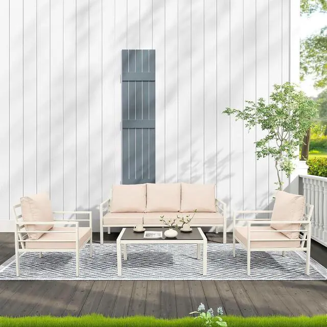 Alt view image 2 of 7 - WAROOM Patio Furniture Set 4 Pieces Metal Outdoor Conversation Sets Backyard Chair Outside Couch with Coffee Table, Khaki Cushion