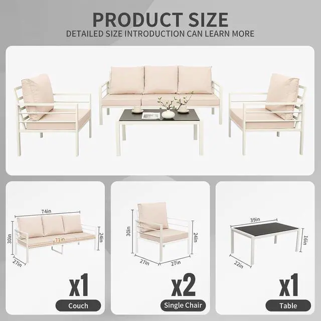 Alt view image 4 of 7 - WAROOM Patio Furniture Set 4 Pieces Metal Outdoor Conversation Sets Backyard Chair Outside Couch with Coffee Table, Khaki Cushion