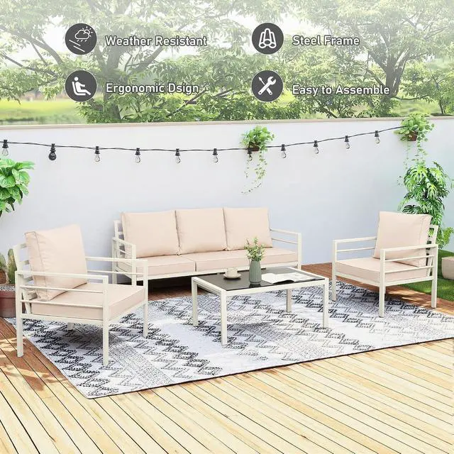 Alt view image 3 of 7 - WAROOM Patio Furniture Set 4 Pieces Metal Outdoor Conversation Sets Backyard Chair Outside Couch with Coffee Table, Khaki Cushion