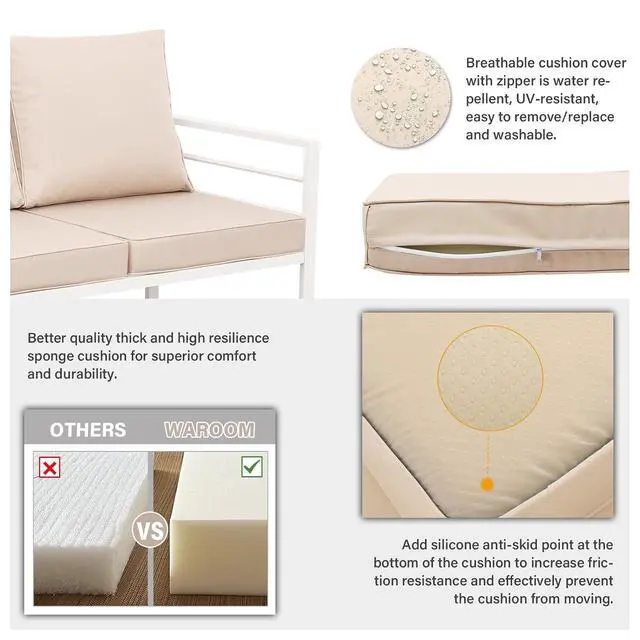 Alt view image 5 of 7 - WAROOM Patio Furniture Set 4 Pieces Metal Outdoor Conversation Sets Backyard Chair Outside Couch with Coffee Table, Khaki Cushion