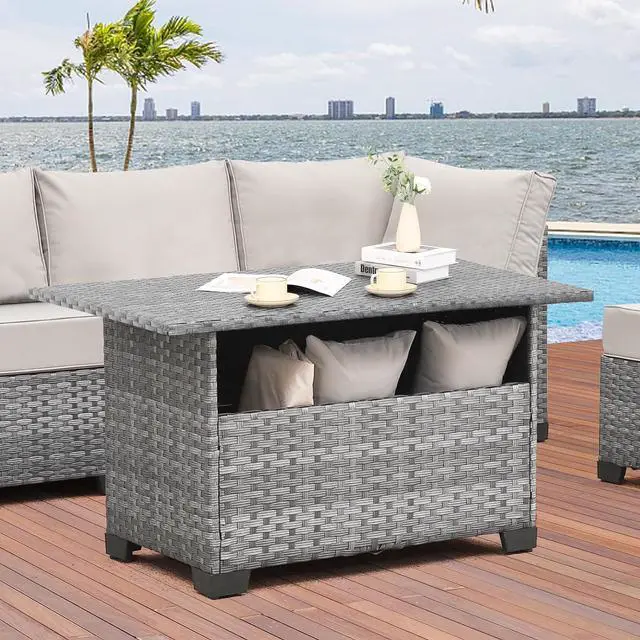 Main image of WAROOM Outdoor PE Wicker Coffee Table - Patio Rattan Garden Furniture Multi-Functional Storage Tea Dining Table, Grey