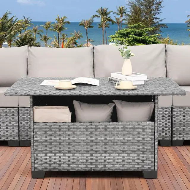 Alt view image 3 of 6 - WAROOM Outdoor PE Wicker Coffee Table - Patio Rattan Garden Furniture Multi-Functional Storage Tea Dining Table, Grey