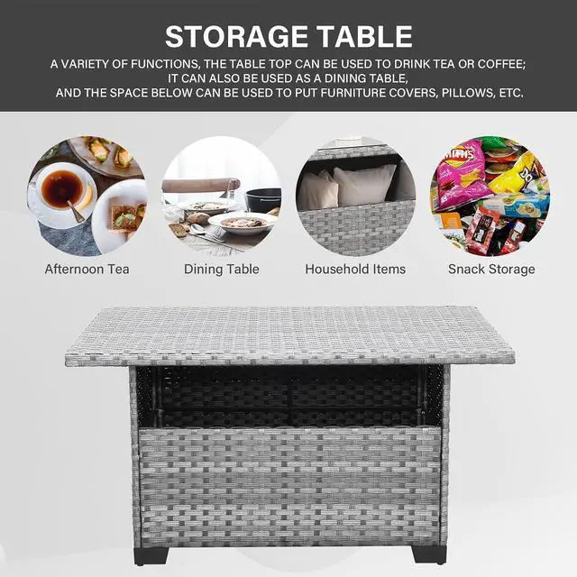 Alt view image 5 of 6 - WAROOM Outdoor PE Wicker Coffee Table - Patio Rattan Garden Furniture Multi-Functional Storage Tea Dining Table, Grey