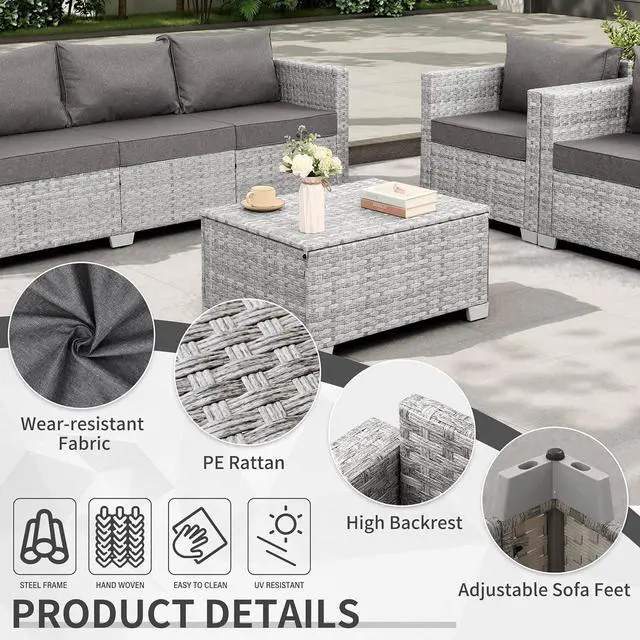 Alt view image 4 of 7 - WAROOM Patio Furniture Set 4 Piece Outdoor Wicker Conversation Sets PE Rattan Couch Sectional Sofa with Storage Table, Grey Cushion