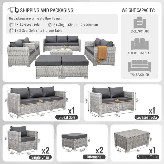 Alt view image 3 of 7 - WAROOM Patio Furniture Set 7 Piece Grey Wicker Outdoor Conversation Sets PE Rattan Sectional Sofa with Storage Coffee Table and Anti-Slip Grey Cushion